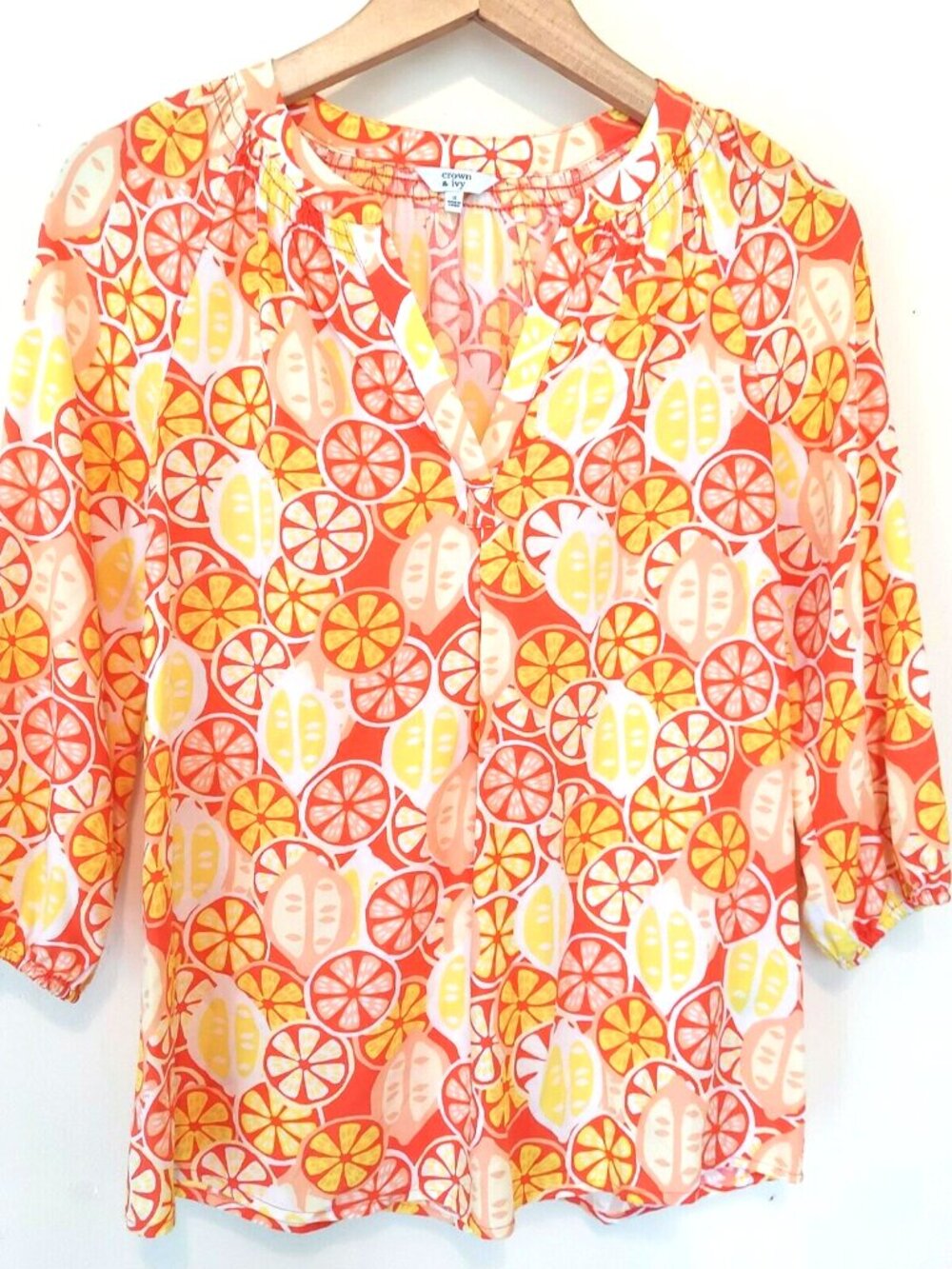 Crown & Ivy Smocked Tunic Top S Orange Yellow Citrus 3/4 Elastic Sleeve Rayon